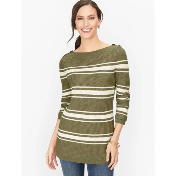 NWT Talbots Women's Green Striped Basket Weave Sweater Size Petite Medium - Picture 1 of 6